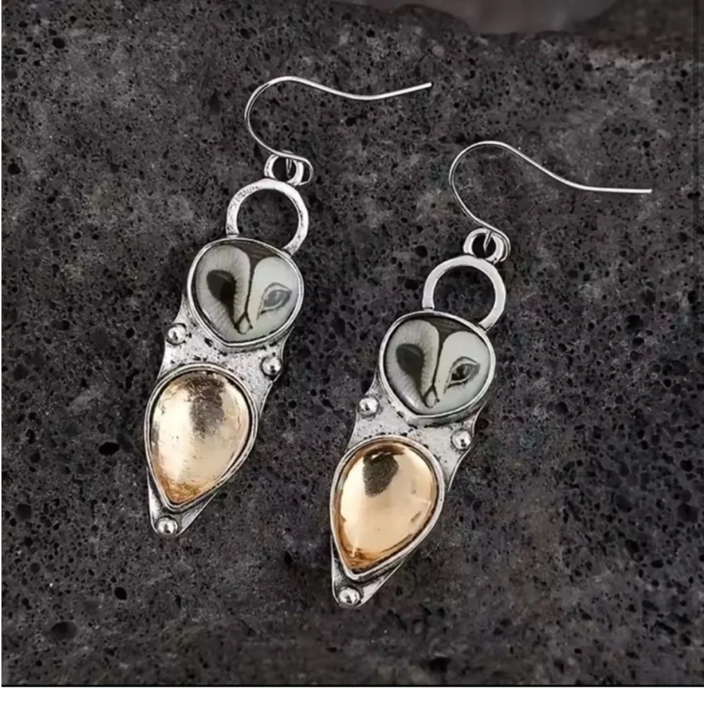 Anthropologie Boho Bohemian Whimsical Gothic Hippie Owl Dangle Silver Earrings